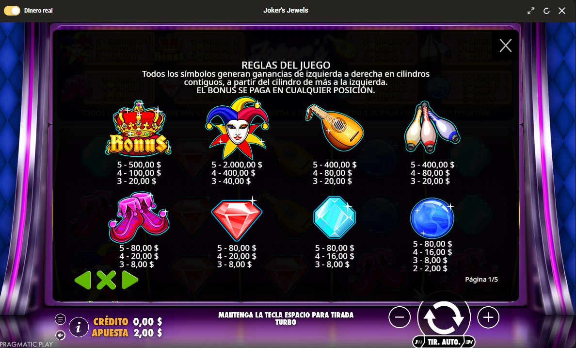 Reglas del juego en linea Jokers Jewels en VIPbet Casino en linea